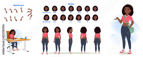 Set of african student design. Character Model sheet. Front, side, back view animated character. School girl character creation set with various views, poses and gestures. Cartoon style, flat vector