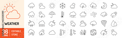 Weather editable stroke outline icons set. Clouds, wind, rain, sun, weather forecast, snow, moon, snowflakes and storm. Vector illustration