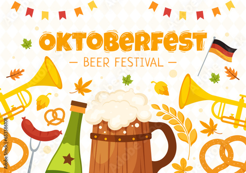 Happy Oktoberfest Party Festival Vector Illustration with Beer, Sausage, Gingerbread, German Flag and ets Background Flat Cartoon Hand Drawn Templates