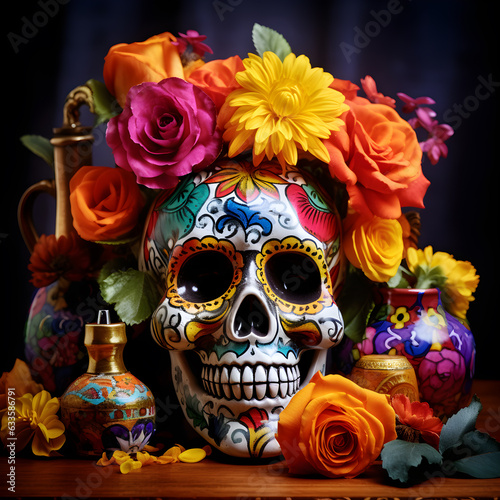 Skull Art with Pink and Yellow Flowers: A Day of the Dead Celebration Generative ai 