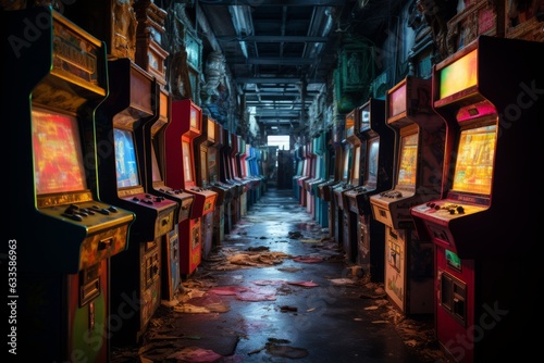 Dimly Lit Arcade Room Filled With Rows Of Arcade Machine, Generative AI 