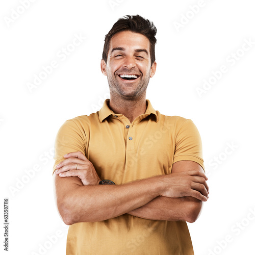 Excited, confident and portrait of happy man with smile or joy laughing at a funny joke in Italy. Arms crossed, proud guy or face of male person in casual shirt isolated on transparent png background photo