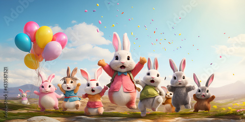 easter bunny with easter eggs, easter bunny with baloons