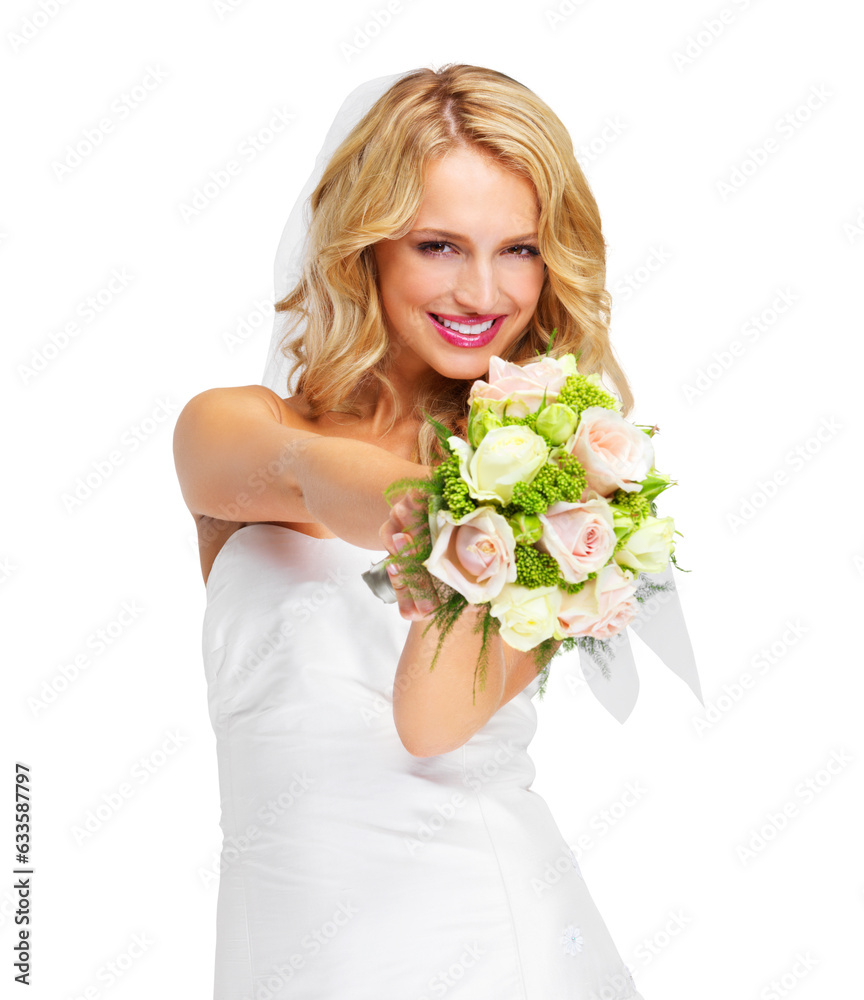 Wedding, fashion and flowers with portrait of woman on png for beauty, marriage and celebration. Happy, love and roses with bride isolated on transparent background for makeup, cosmetics and event