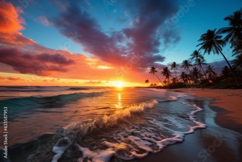 Vibrant Sunset Casting Warm Hues Over The Beach  Generative AI
