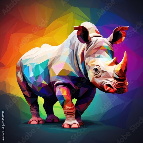 Colourfull rhinoceros is depicted in a low poly style. grey backorund. Generative ai photo