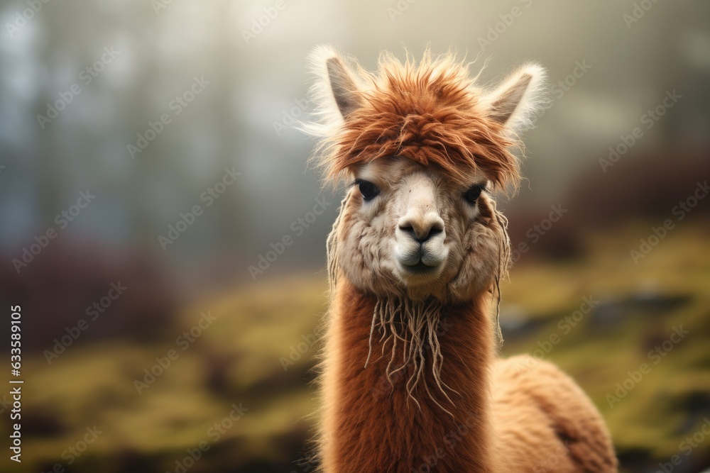 Fototapeta premium Portrait of cute white alpaca on the background of blue sky. Llama. Generative ai