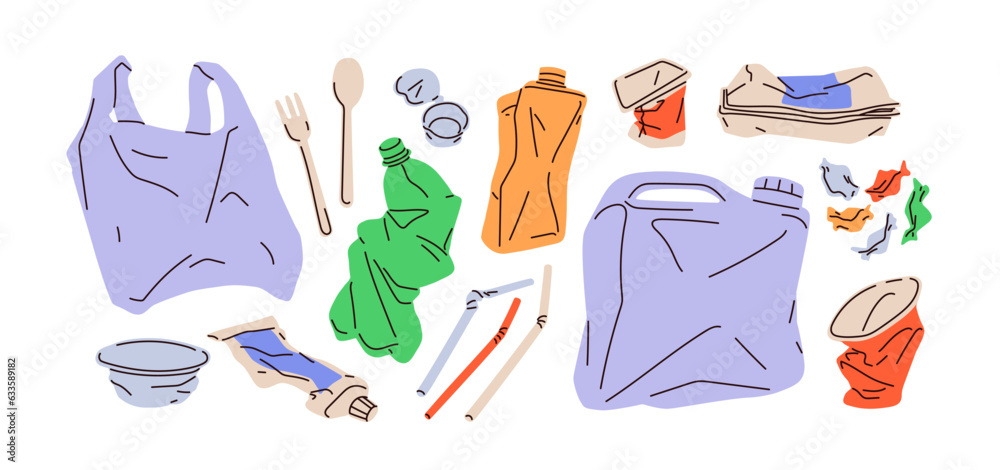 Plastic waste, garbage set. Compressed crumpled trash, rubbish, litter. Used packages, squeezed bottle, creased bag, tank, box, disposable cup. Flat vector illustrations isolated on white background