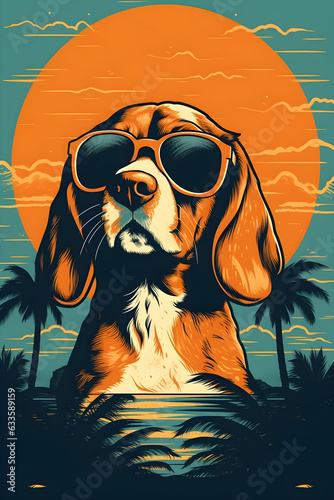 Beagle with sunglasses at the beach during sunset
