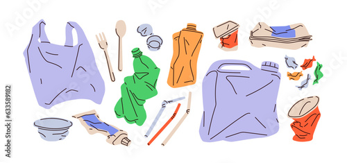 Plastic waste, garbage set. Compressed crumpled trash, rubbish, litter. Used packages, squeezed bottle, creased bag, tank, box, disposable cup. Flat vector illustrations isolated on white background