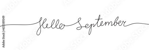 Hello September one line continuous text. Line art Autumn banner concept. Handwriting, outline vector illustration.