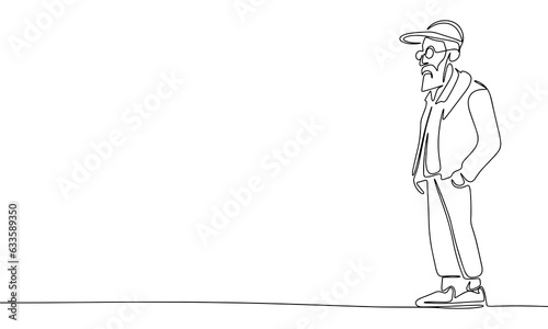 One line continuous hipster old man. Line art senior man banner concept. Hand drawn, outline vector illustration.