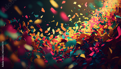 Sprinkled paper confetti, celebration bokeh background. Generative AI illustration