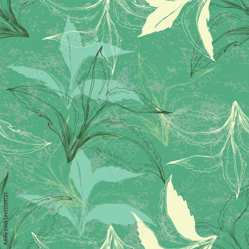 Seamless pattern of mint leaves. Hand drawing. Good for textile printing and adult coloring books.
