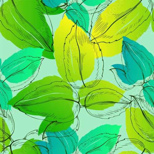 Seamless pattern of mint leaves. Hand drawing. Good for textile printing and adult coloring books.