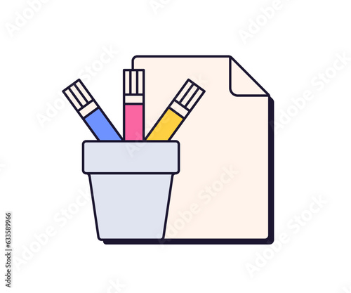 Paint icon in retro 90s style. Paper and pencils in bucket. Painting and draw...