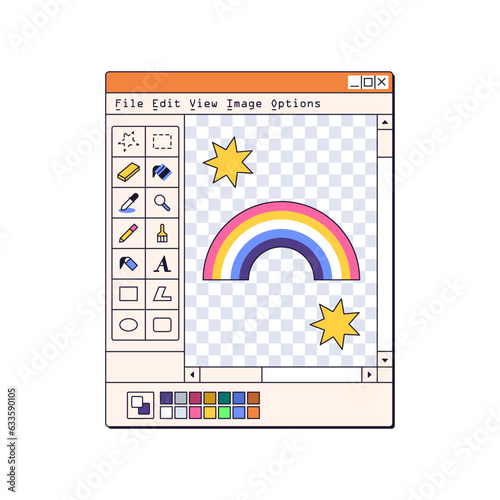 Retro software, paint window interface in 90s vaporwave style. Digital painting, drawing, graphic tool, program UI in 1990s nostalgia aesthetics. Flat vector illustration isolated on white background