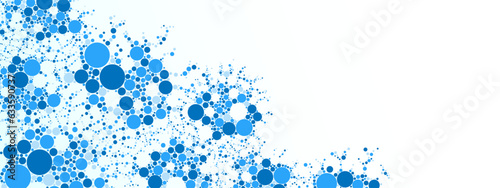 Vector blue background frame. Random ornament of balls, spheres, dots. The texture of a circular path. Poster for technology, presentations, business, medicine, computer screensavers.