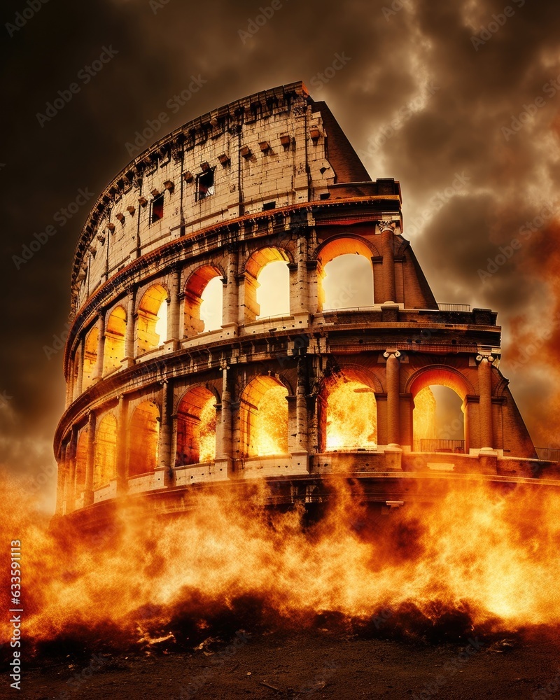 An illustration showing the Roman Colosseum engulfed in flames. (Generative AI)