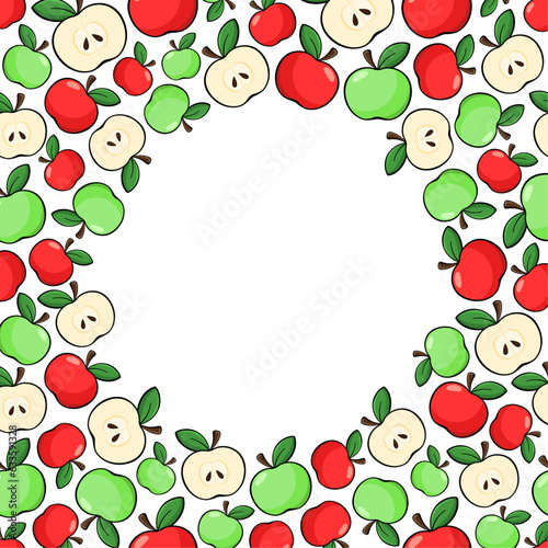 Vector round frame with copy space. Red and green apples, cut slices and seeds on white background.