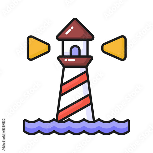 A tower containing a beacon light to warn or guide ships at sea, well designed icon of lighthouse