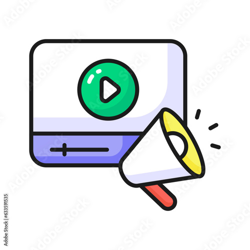Megaphone with video player denoting trendy icon of video marketing