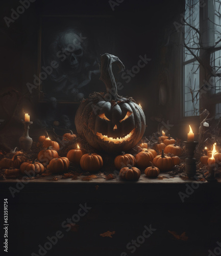 Evil grinning Hlloween lit Jack O Lantern face pumpkin surrounded by candles and pumpkins in dark mysterious room in villa with moonlight window and ghost portrait in background for trick or treat photo