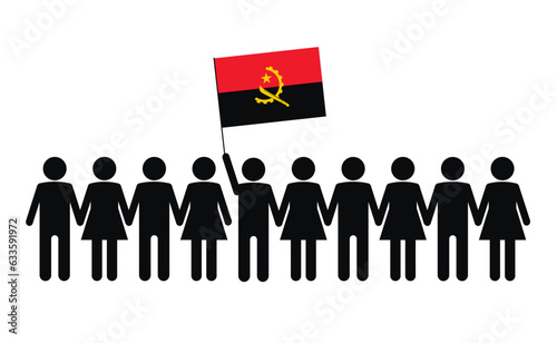 Sketch of a crowd and a leader with the flag of Angola.