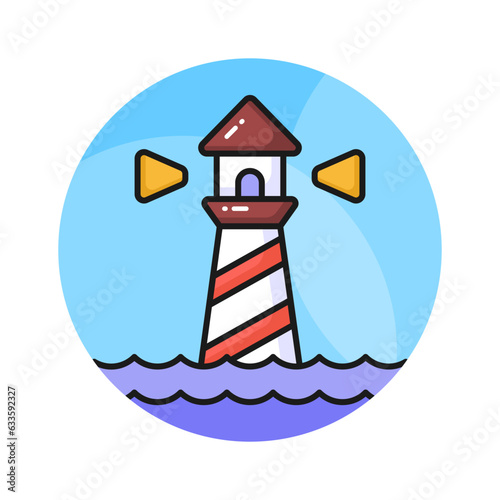 A tower containing a beacon light to warn or guide ships at sea, well designed icon of lighthouse