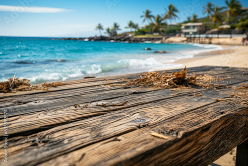 close-up wooden table on the beach