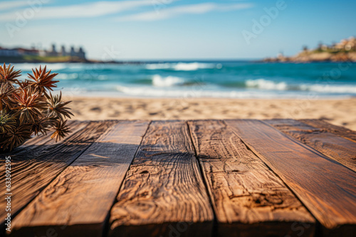 close-up wooden table on the beach