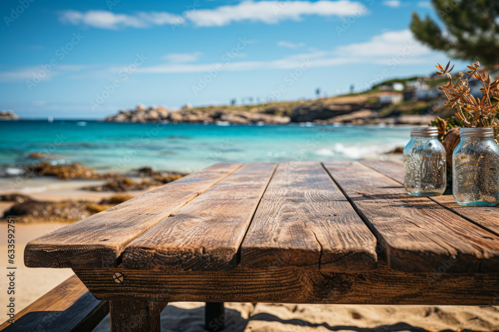 close-up wooden table on the beach