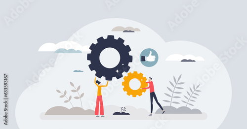 Team building activity for effective business partnership tiny person concept. Collaboration and teamwork power for company growth and productive employee work vector illustration. Job cooperation.