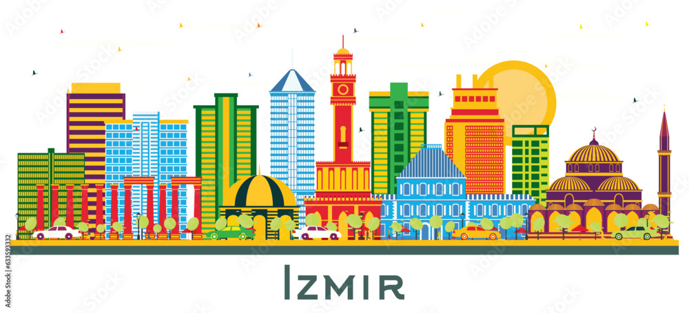 Izmir Turkey City Skyline with Color Buildings isolated on white.