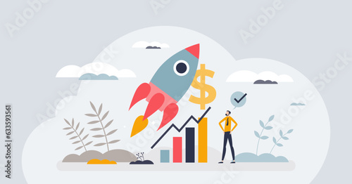 Paid advertising and marketing boost for sales growth tiny person concept. Brand recognition campaign with purchased ads, commercials and banners for company profit development vector illustration.