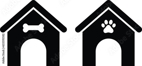 Dog houses icon with the dog bone and paw print in trendy style . Vector illustration