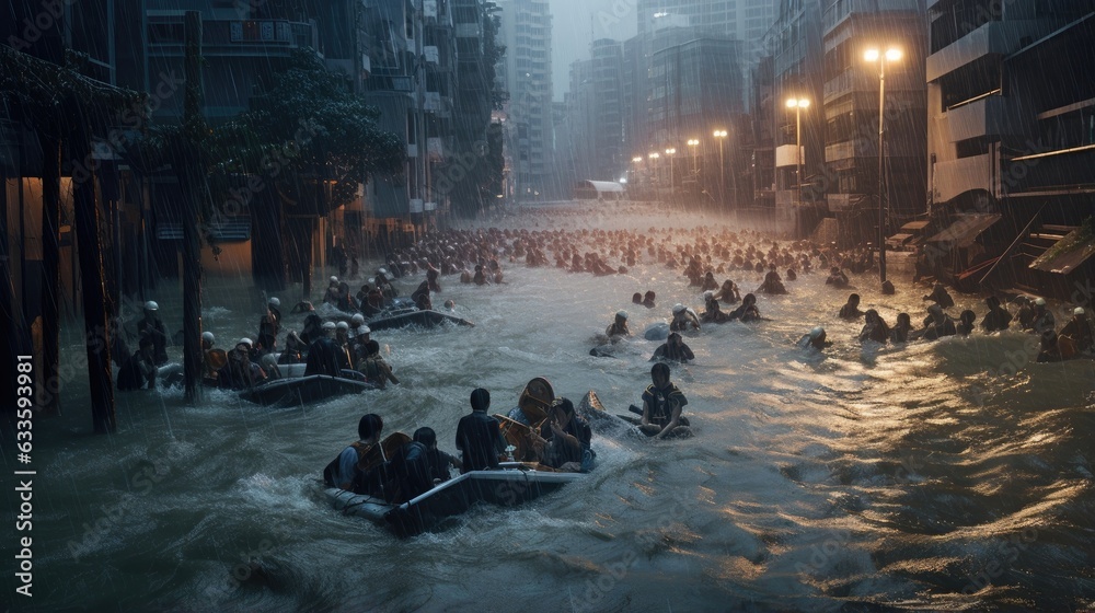 Floods overwhelm city, forcing mass evacuation. - obrazy, fototapety, plakaty 