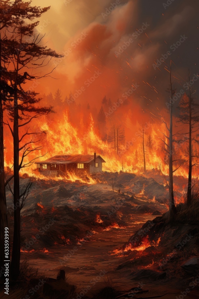 Forest fire destroys homes due to drought and heat.