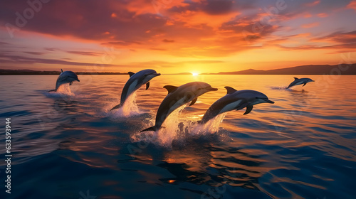 Dolphins jumping colorful vibrant Sunset Sea 