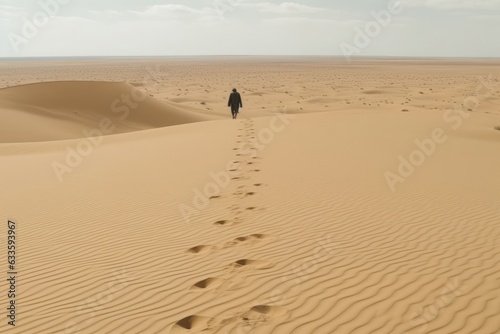 A lone Arab gracefully traversing the Sahara s beautiful  vast landscapes.  Generative AI 