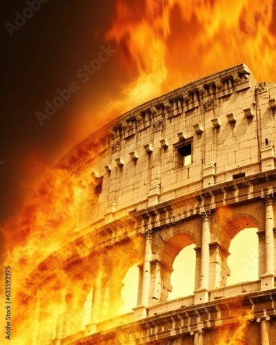 An illustration showing the Roman Colosseum engulfed in flames. (Generative AI)
