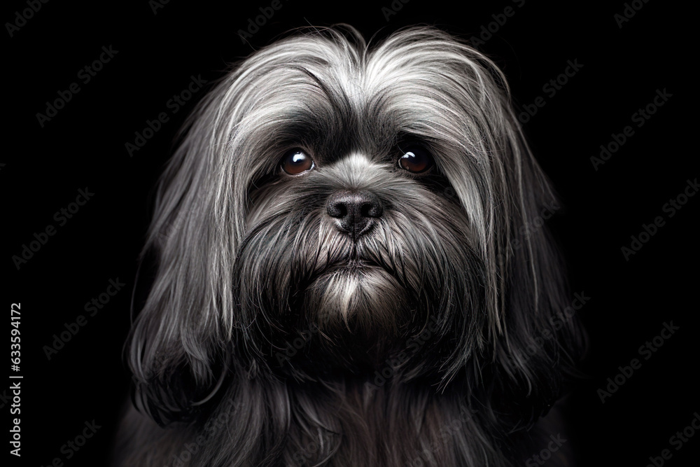 Groomed black Lhasa Apso with captivating gaze. Studio portrait of a stylish dog.