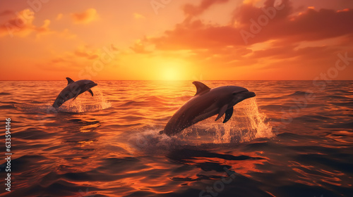 Dolphins jumping colorful vibrant Sunset Sea  © AhmadSoleh