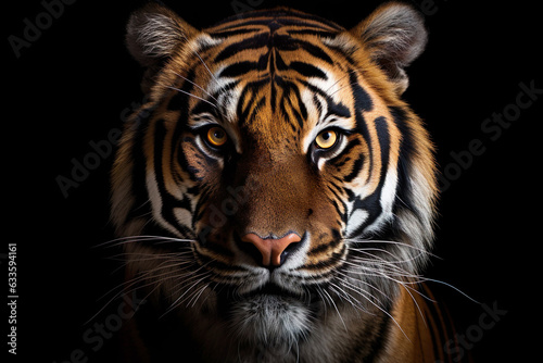Striking tiger portrait with captivating gaze. Macro shot of a majestic bengal tiger. © iconogenic
