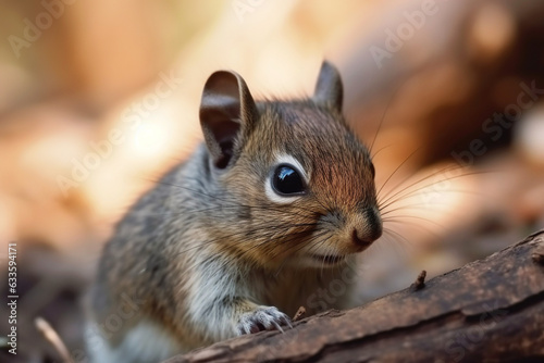 Adorable baby squirrel sitting in a woodland. Close-up of a cute young squirrel.