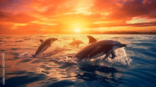 Dolphins jumping colorful vibrant Sunset Sea 