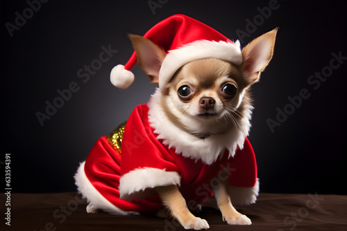 Christmas portrait of Chihuahua dog wearing Santa Claus outfit © sam