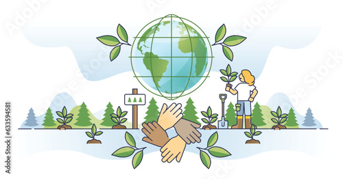 Corporate social responsibility, CSR as sustainable business outline concept. Organization management with fair, honest and ethical strategy and principles vector illustration. Environmental unity.
