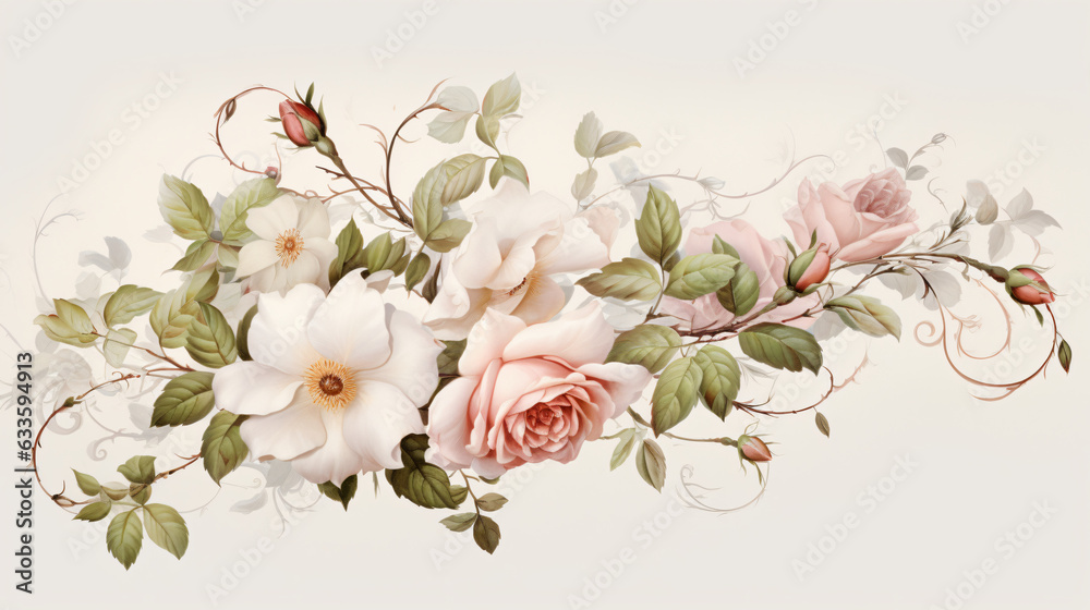 Angle border with branch of rose with white flowers