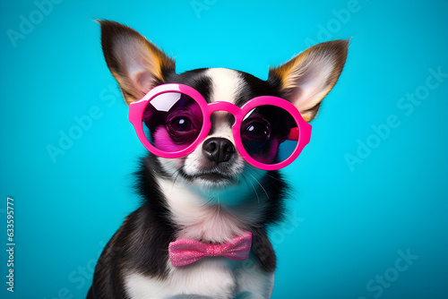 colourful funny portrait of Chihuahua dog wearing sunglasses © sam
